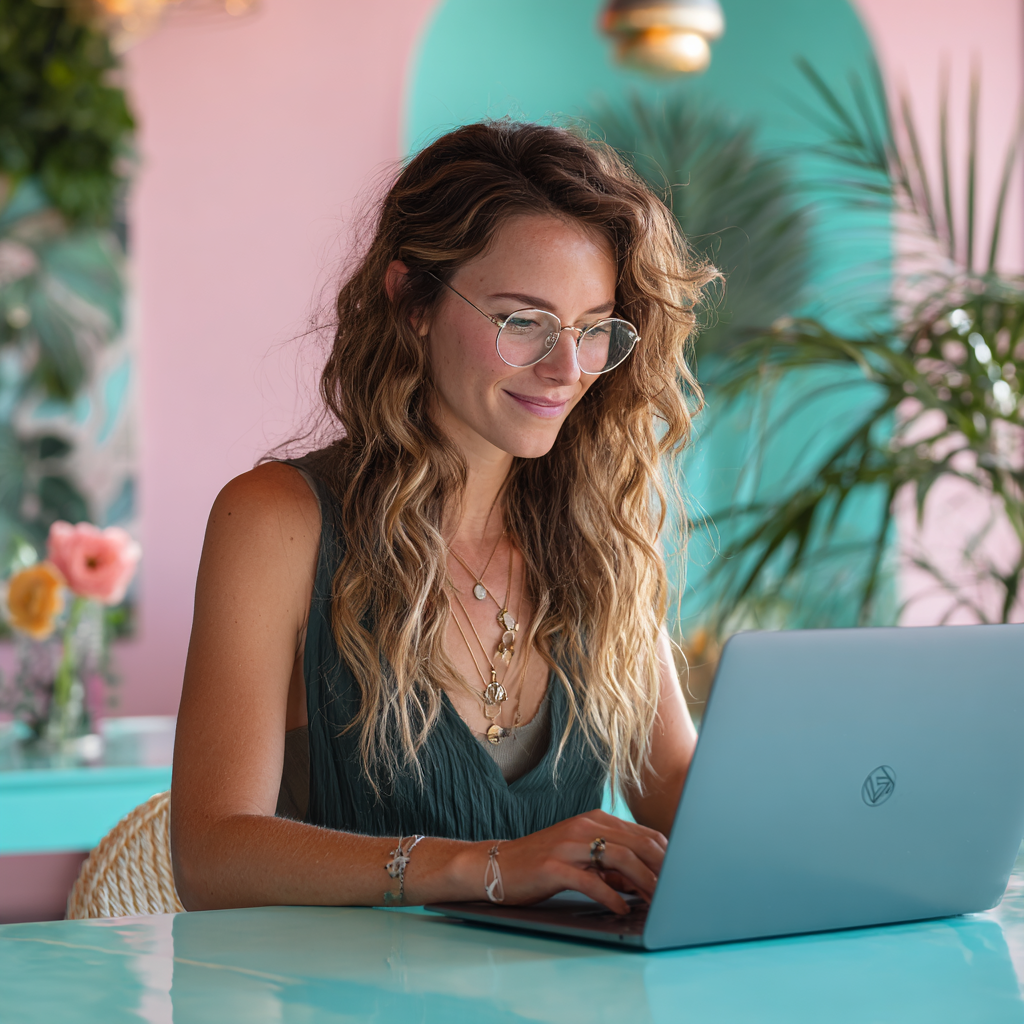 Entrepreneur smiling while working on laptop, symbolizing productivity and simplicity through AI.