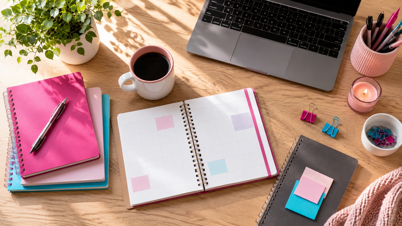 Overhead view of a busy home-office desk with a laptop, phone reminders, planner, notes, sticky notes, and business documents representing information scattered across too many places.