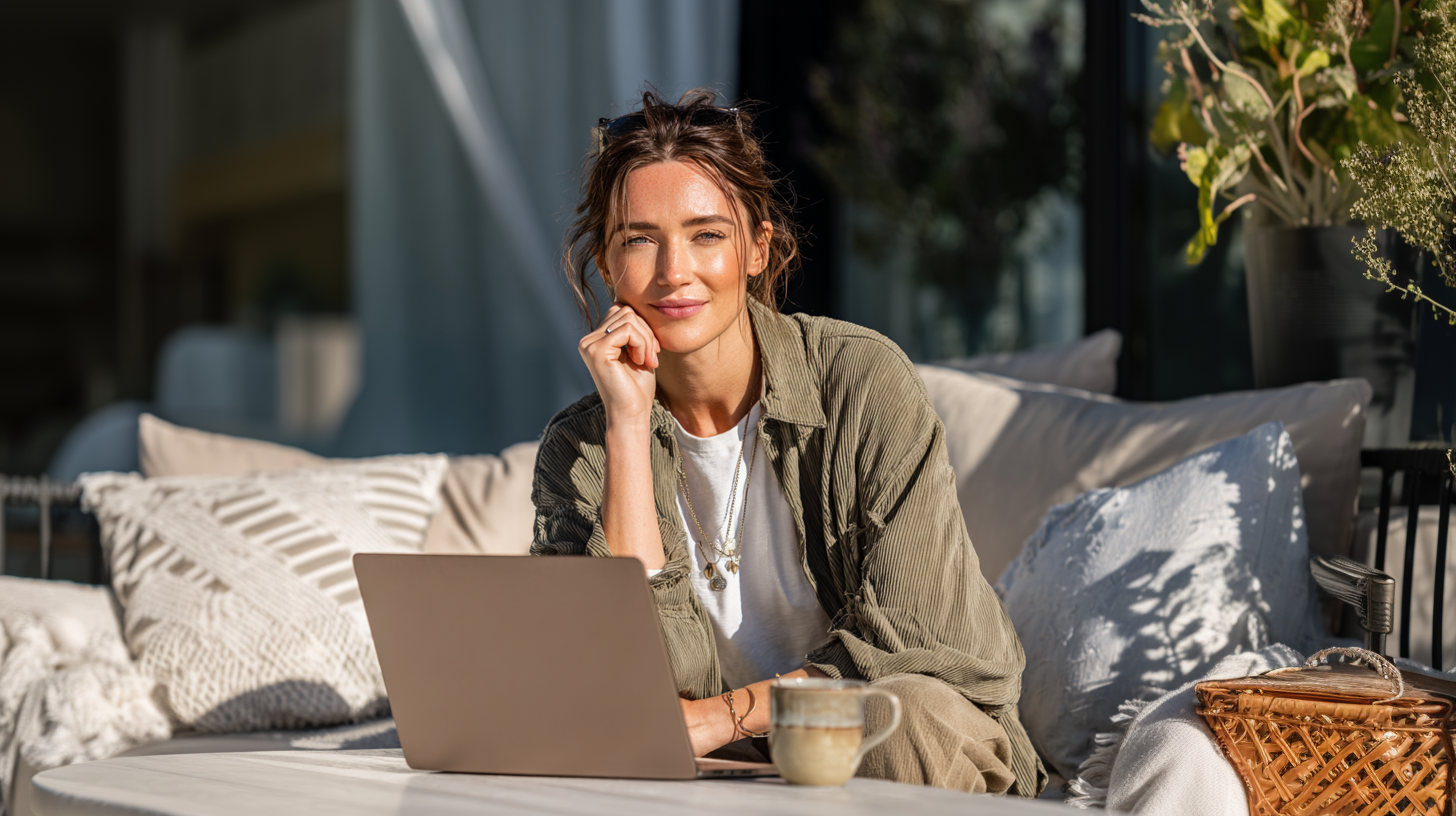 Entrepreneur enjoying work-life balance while running a successful business, brand colors incorporated.