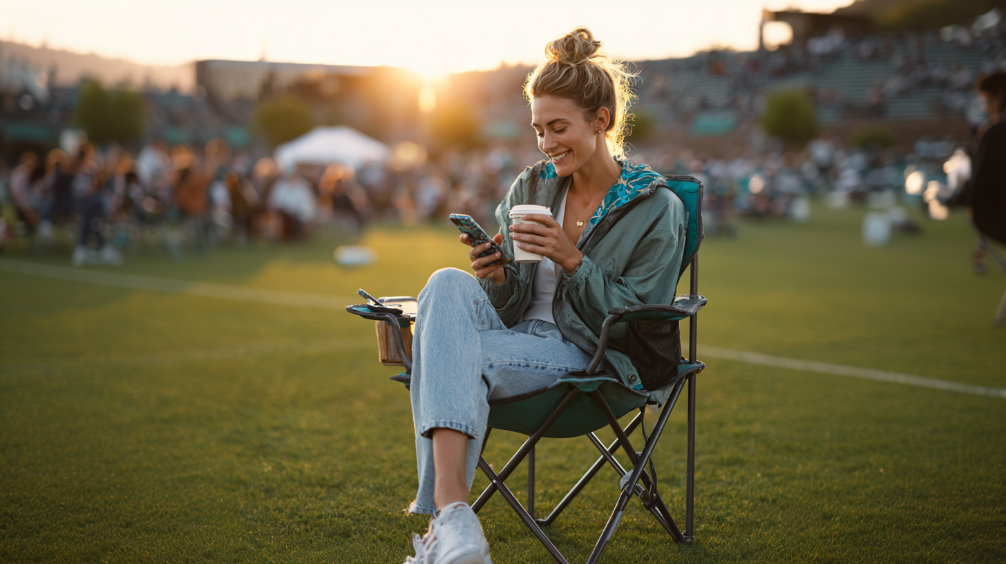Mom sitting in a folding chair at youth soccer practice, smiling at her phone with coffee in hand, kids practicing in the background.