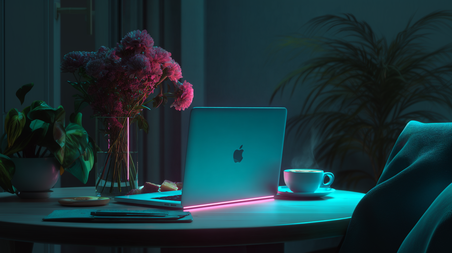 Laptop glowing with teal and pink light on a minimalist desk; female entrepreneur smiling confidently.