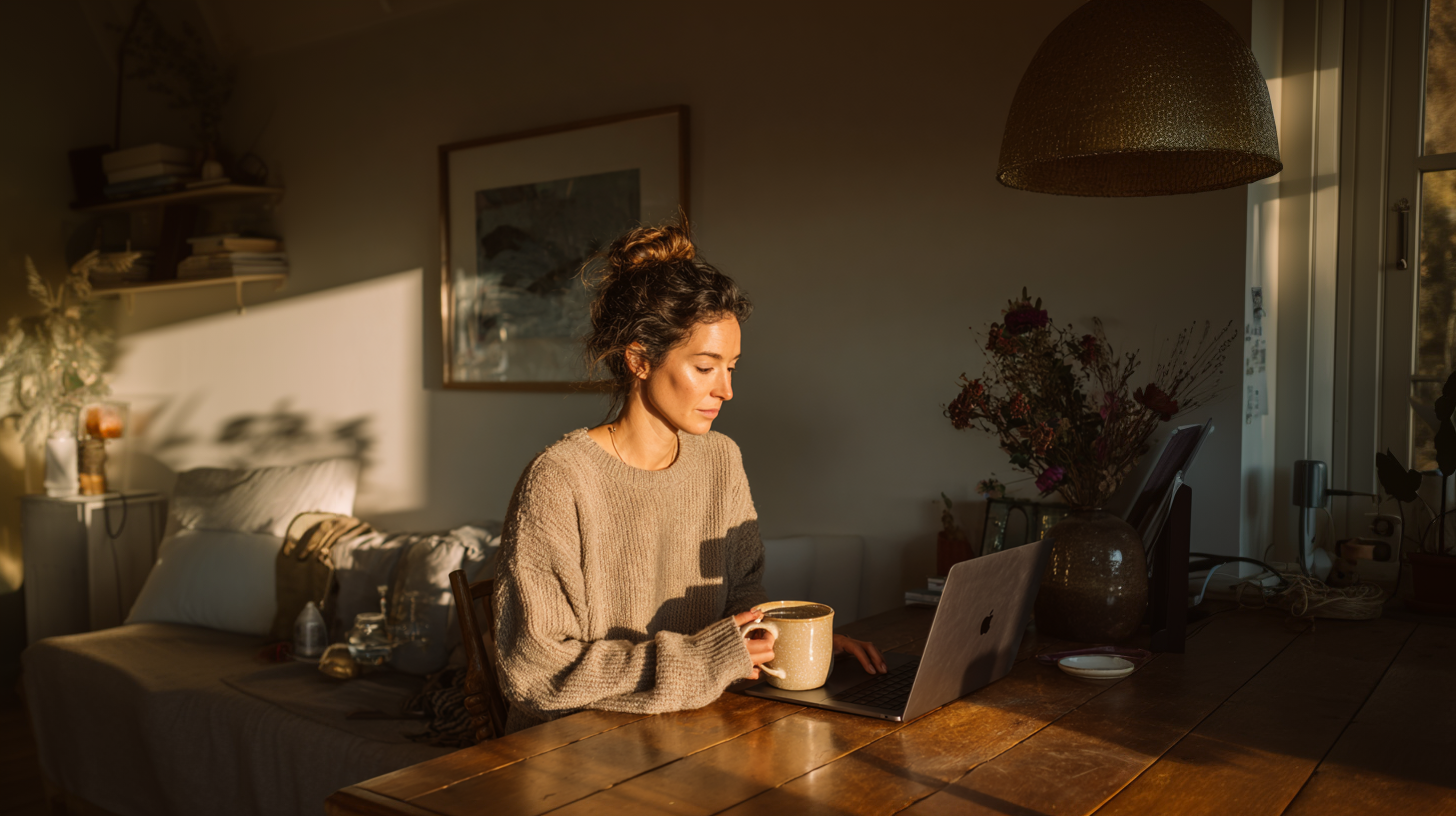 Woman working from cozy home office with coffee mug, looking relaxed and productive