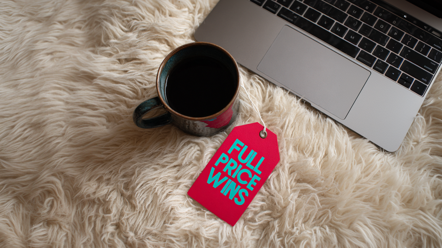 Entrepreneur crossing out a red “SALE” tag, symbolizing the shift from discounting to value-based selling.