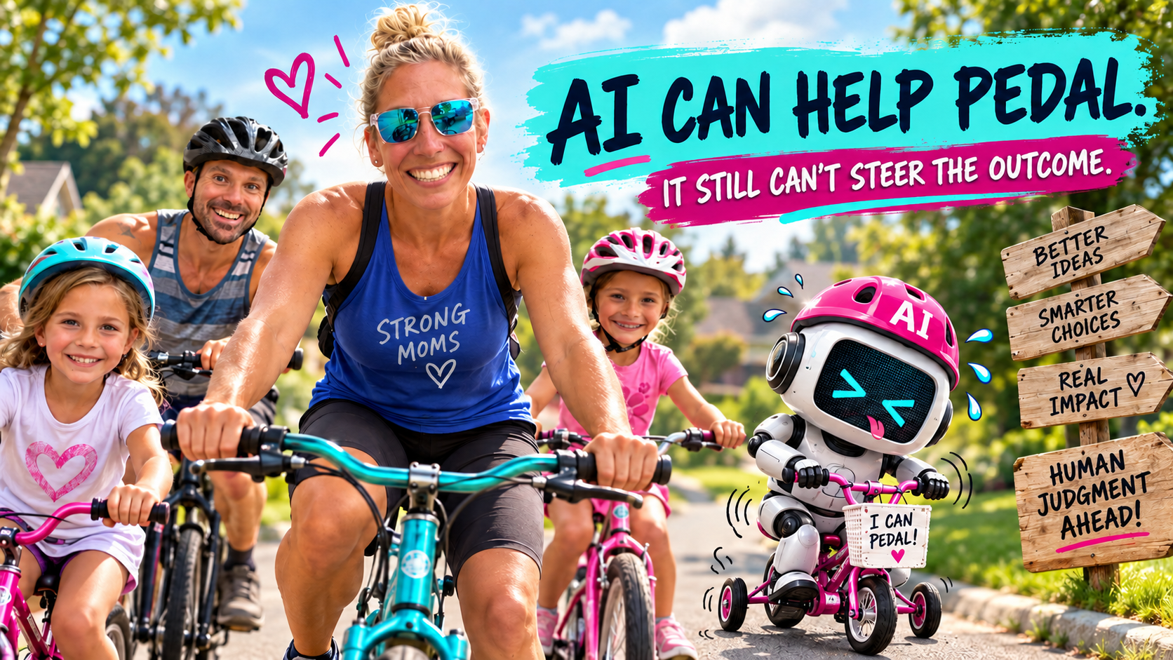 Megan Dixon riding a bicycle alongside a friendly robot, illustrating how AI can help with the work while human judgment and ownership still steer the outcome.