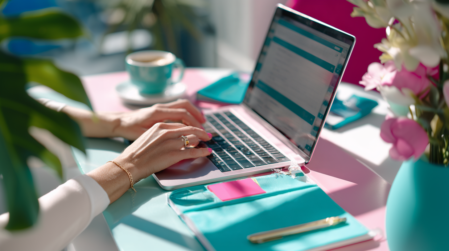 Entrepreneur simplifying her to-do list with laptop and coffee in bright workspace.